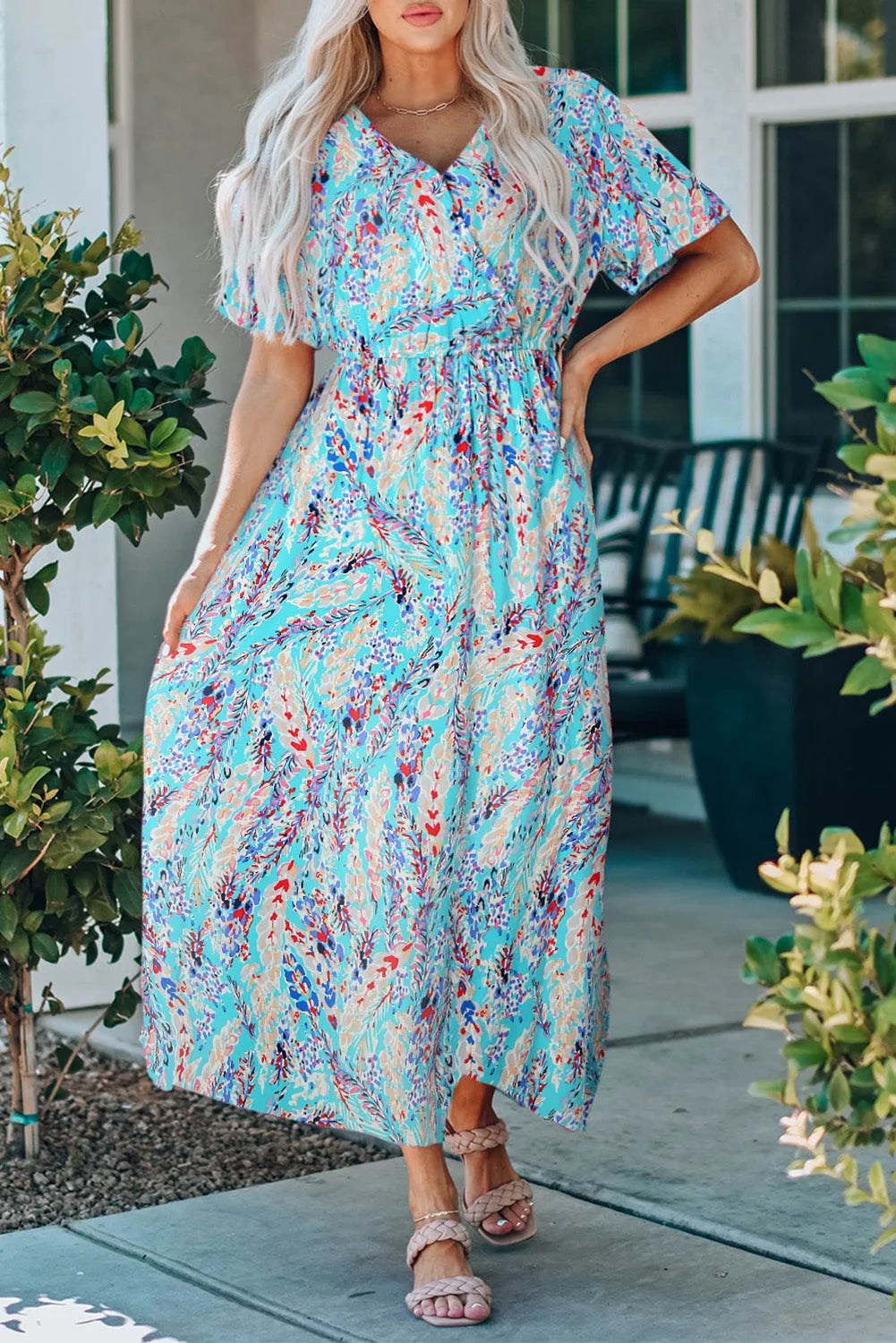 Green Wrap V Neck Floral Maxi Dress - Chic Meadow Boutique 