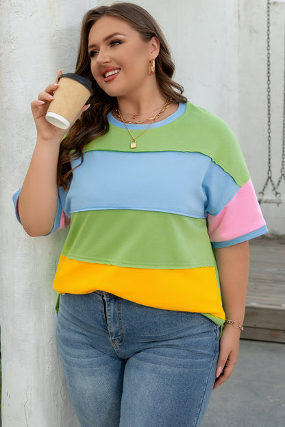 Light Blue Color Block Exposed Seam Patchwork Plus Size T Shirt