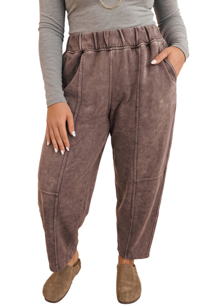 Coffee Mineral Wash Elastic Waistband Plus Size Barrel Pants