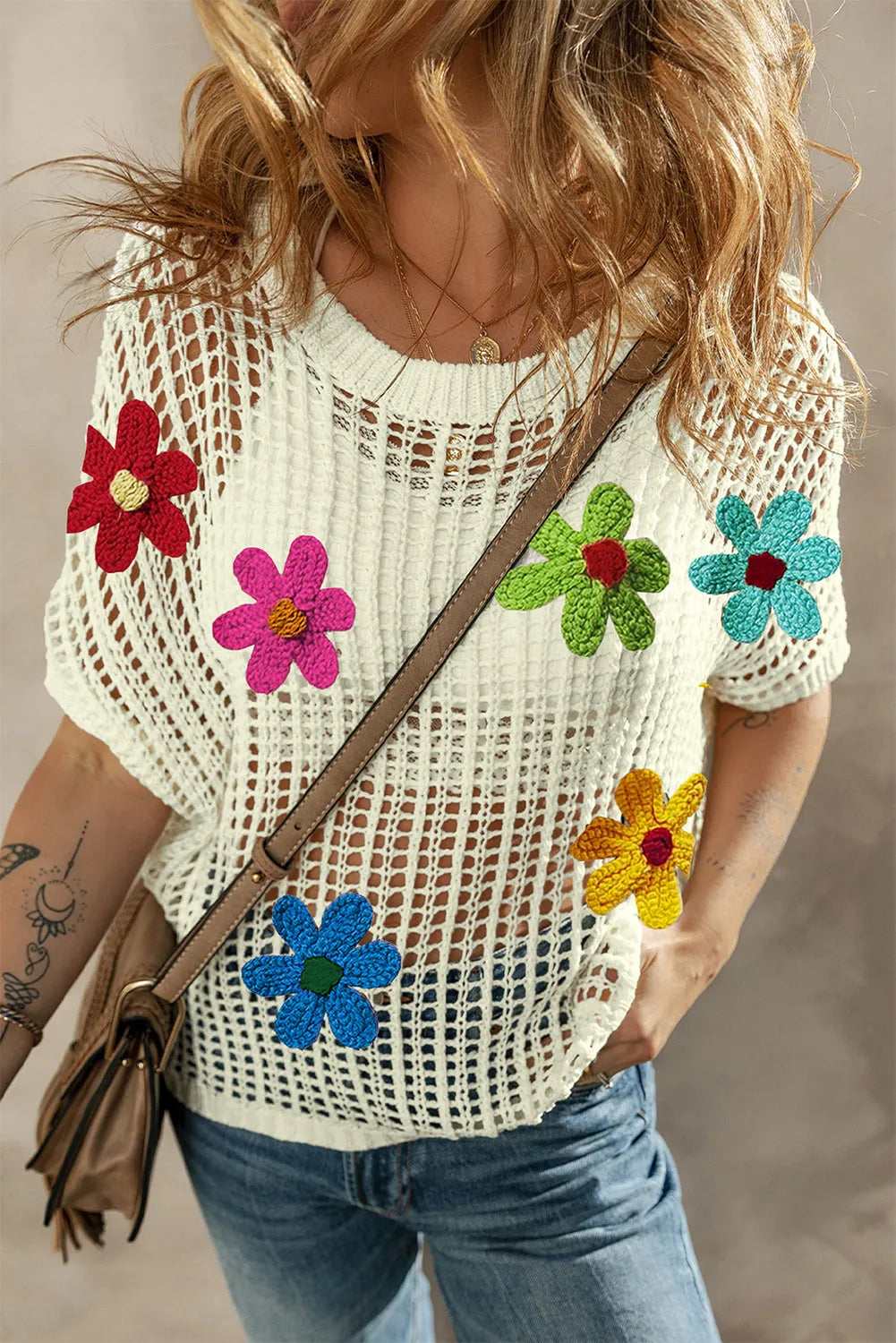 White Crochet Flower Hollow-out Sweater T Shirt - Chic Meadow Boutique 