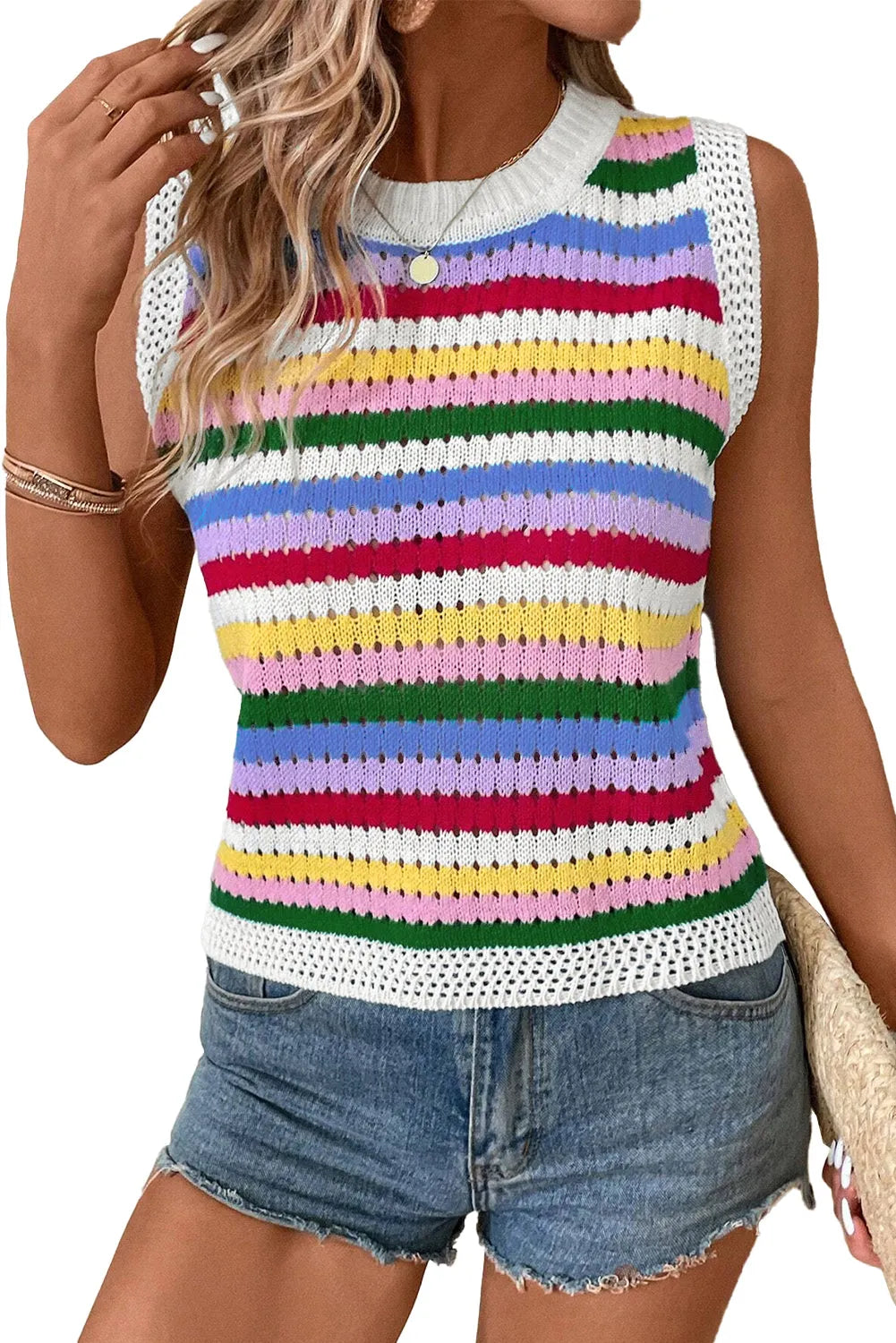 Multicolour Striped Knitted Eyelet Slim Sweater Vest - Chic Meadow Boutique 