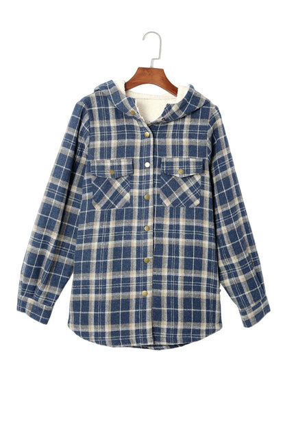 Blue Plaid Pattern Sherpa Lined Hooded Shacket - Chic Meadow Boutique 