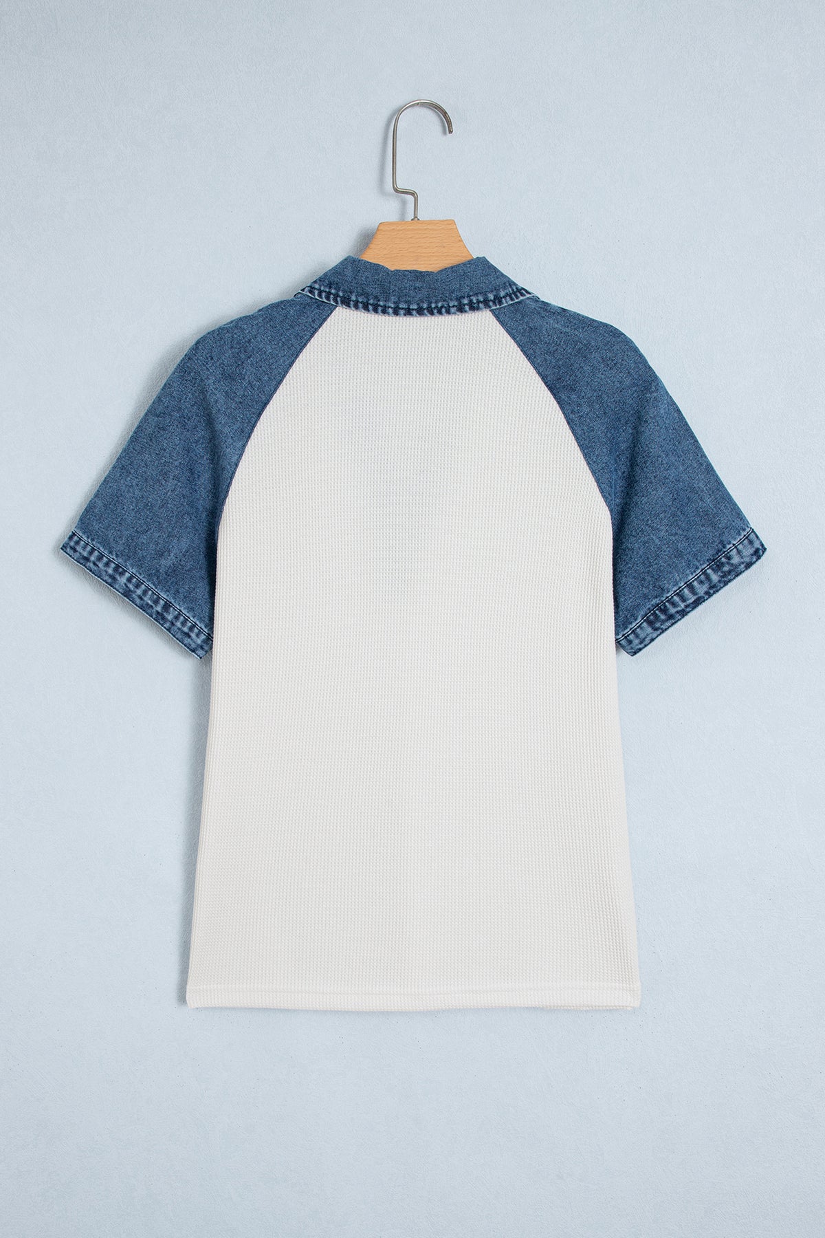 White Textured Color Block Denim Patchwork Polo Collar Tee