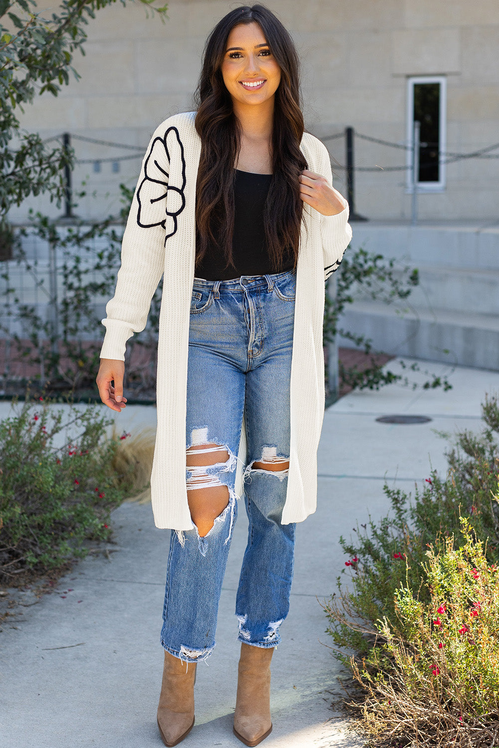 Beige Flower Embroidered Drop Shoulder Open Front Duster Cardigan