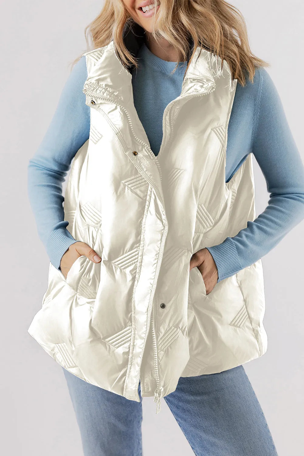 White Quilted High Neck Zip Up Jacket Vest - Chic Meadow Boutique 