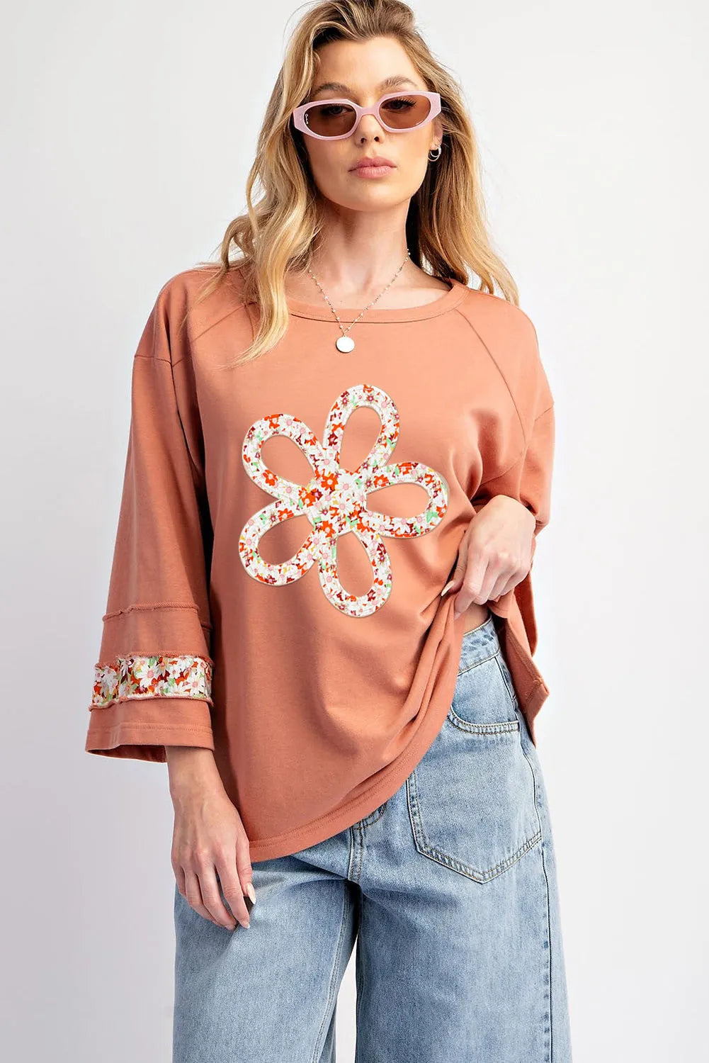 Grapefruit Orange Flower Patch Graphic Exposed Seam Wide Sleeve Top - Chic Meadow Boutique 