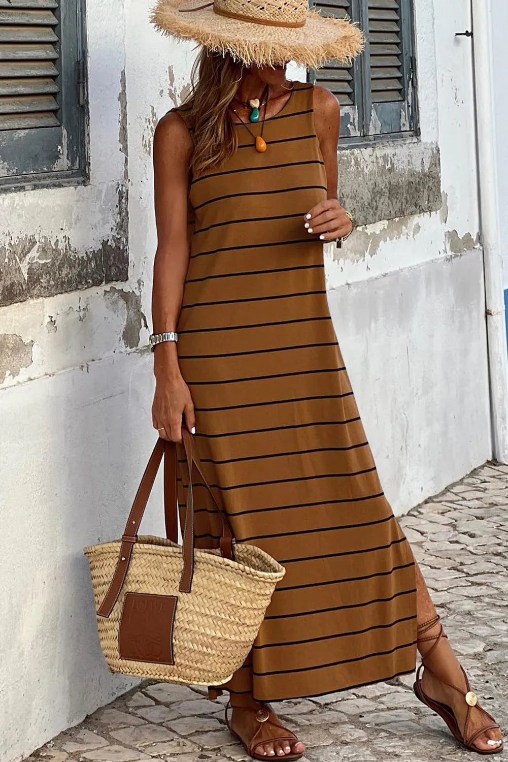 Brown Stripe Print Open Back Sleeveless Maxi Dress with Slits - Chic Meadow Boutique 