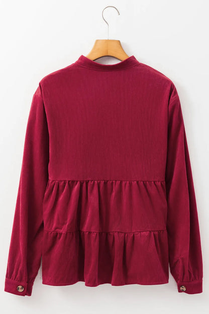 Burgundy Corduroy Ruffle Tiered Buttoned O Neck Shirt - Chic Meadow Boutique 