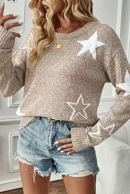 Khaki Star Pattern Drop Shoulder Sweater - Chic Meadow Boutique 