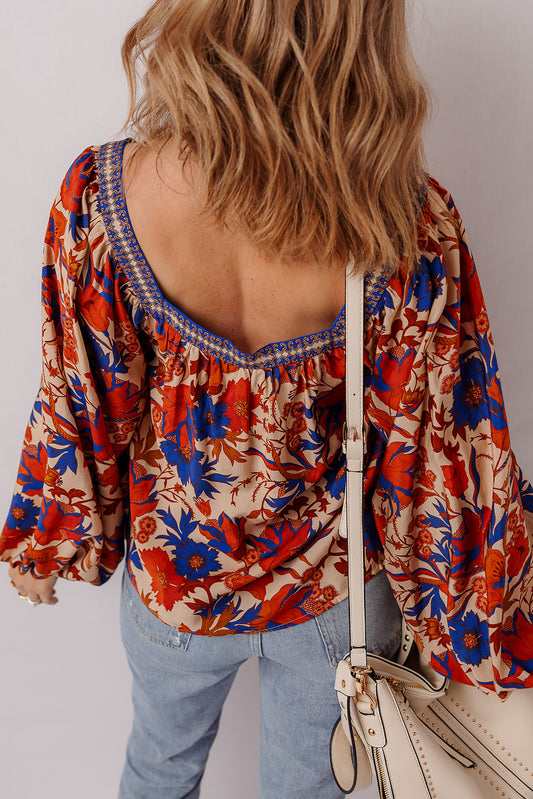 Multicolour Floral Print Square Neck Backless Loose Fit Blouse