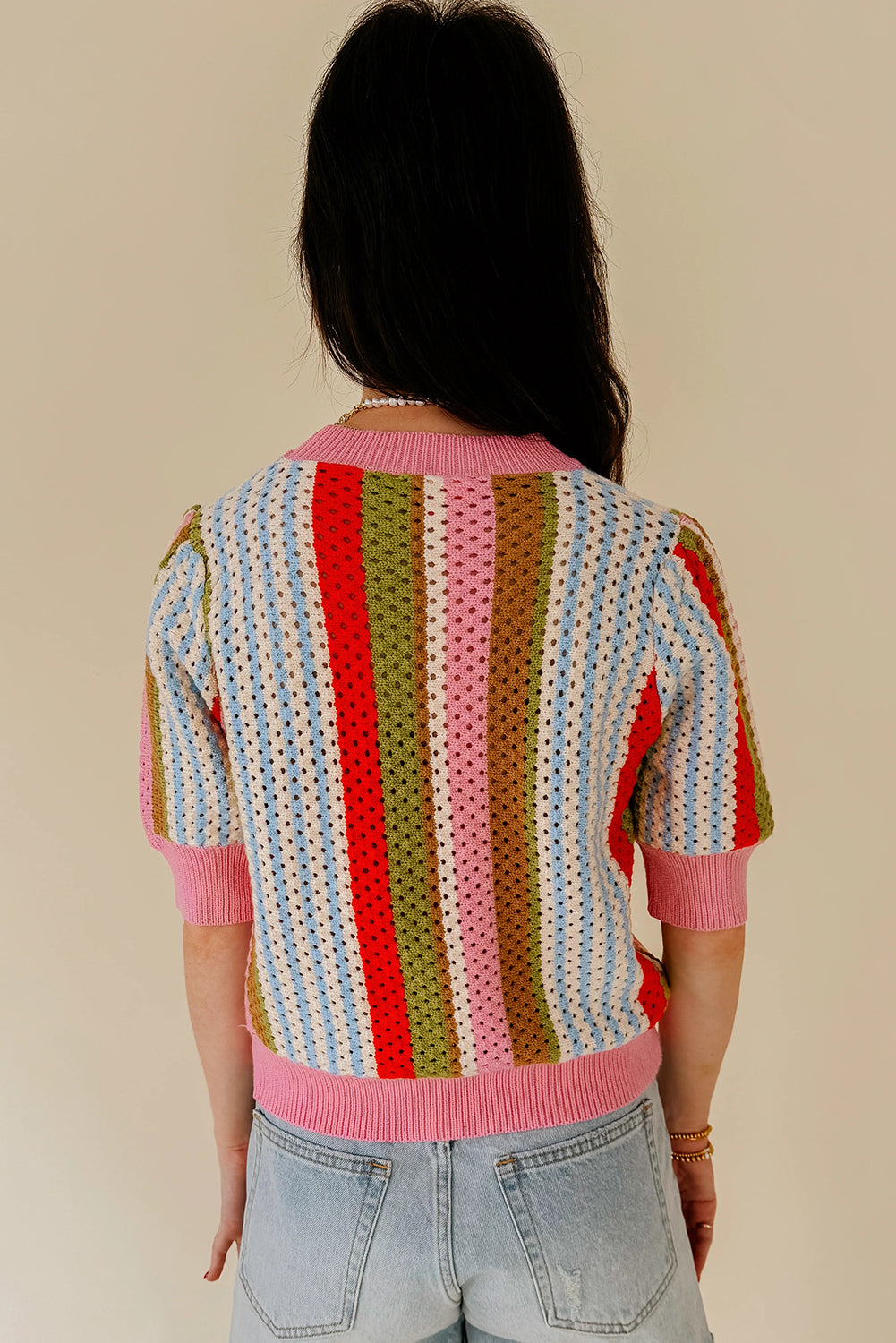 Multicolour Striped Pointelle Knit Short Sleeve Sweater
