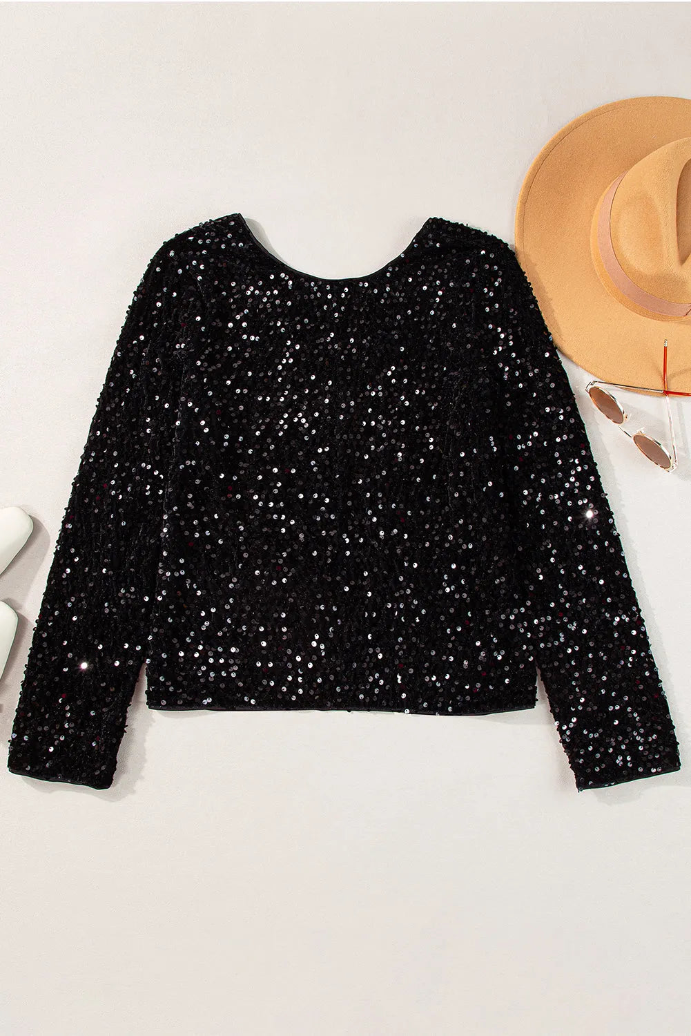 Black Sequin Long Sleeve Cutout Back Top - Chic Meadow Boutique 