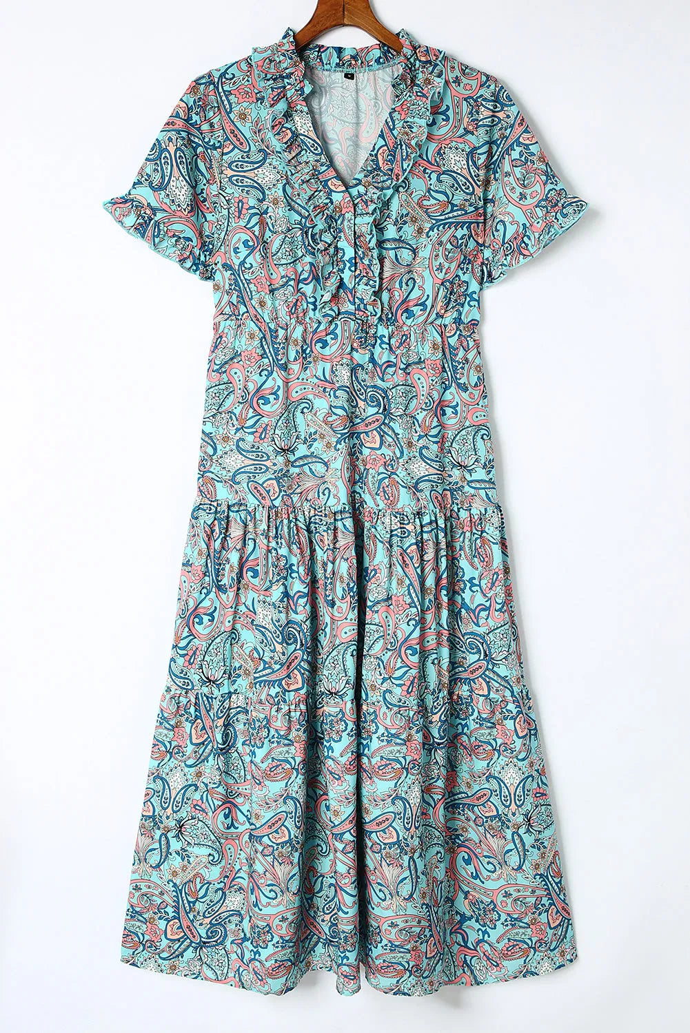 Sky Blue Paisley Print Boho Holiday Ruffle Tiered Maxi Dress - Chic Meadow Boutique 