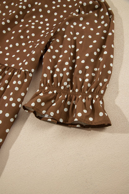Brown V Neck Polka Dot Long Sleeve Shift Plus Size Dress