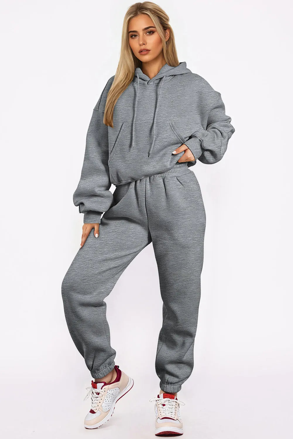 Gray Solid Drop Shoulder Hoodie and Joggers Activewear Set - Chic Meadow Boutique 