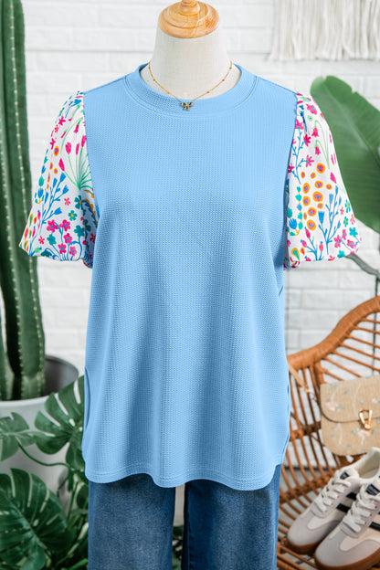Light Blue Round Neck Textured Contrast Floral Bubble Sleeve Blouse
