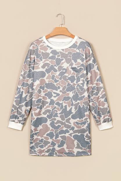 Beige Botanical Camo Print Long Sleeve Pocket Mini Dress