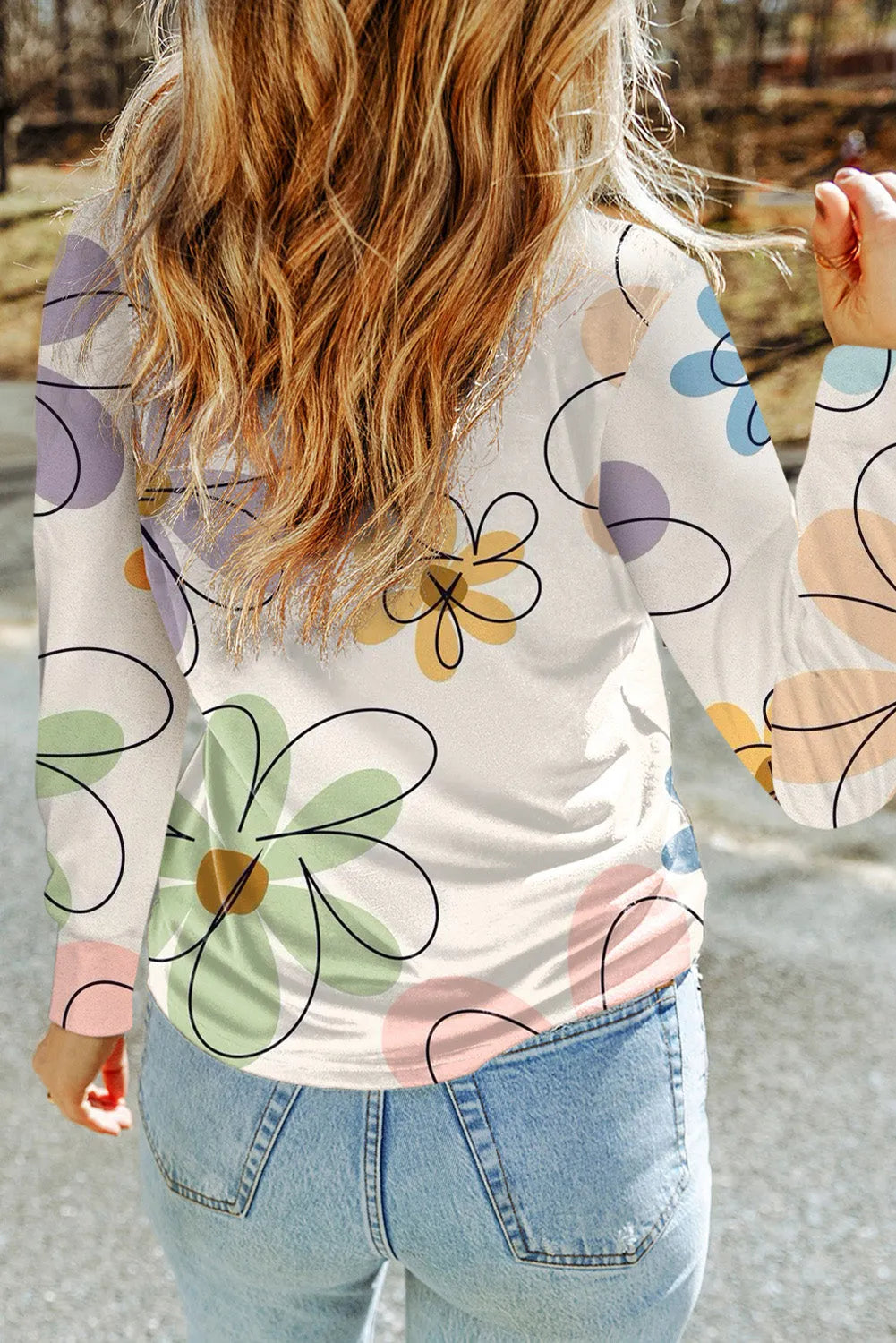 Beige Flower Print Crew Neck Long Sleeve T Shirt - Chic Meadow Boutique 