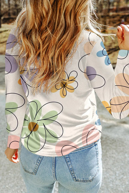 Beige Flower Print Crew Neck Long Sleeve T Shirt - Chic Meadow Boutique 