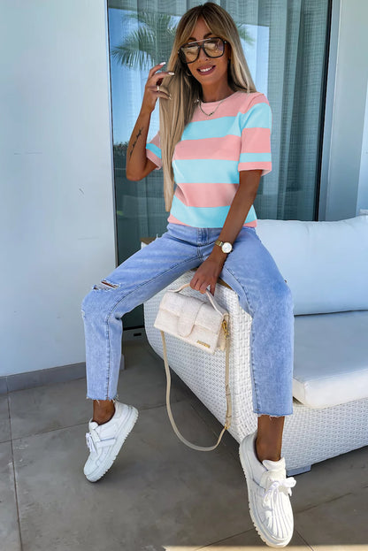 Pink Stripe Colorblock Striped Knitted T shirt