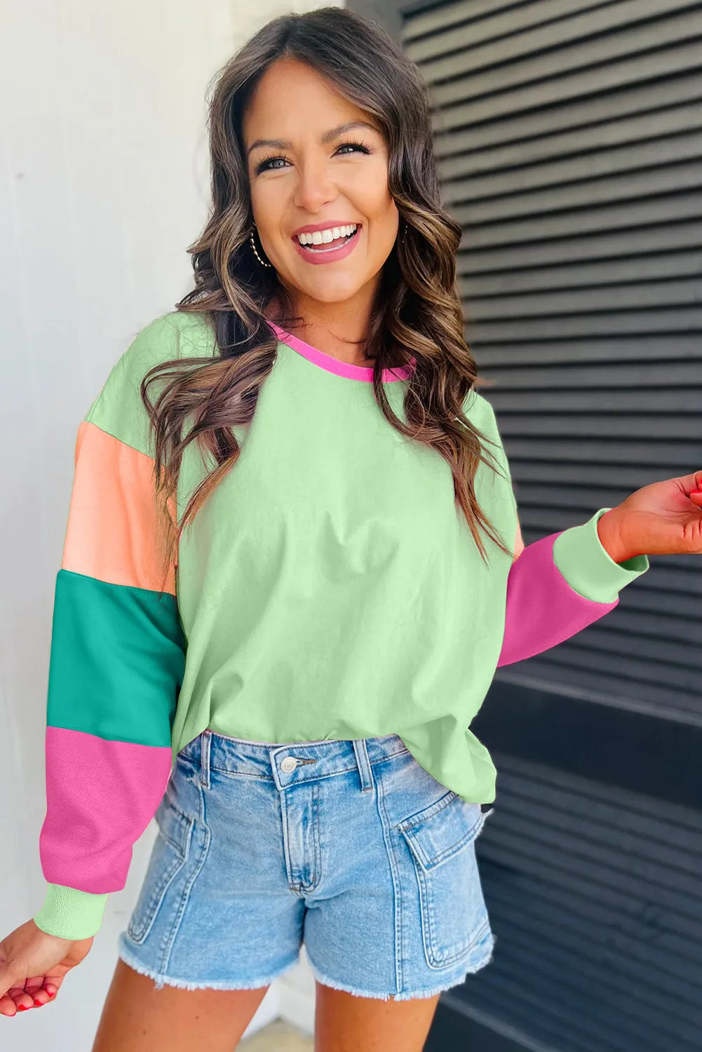 Green Colorblock Patchwork Long Sleeve Loose Top - Chic Meadow Boutique 