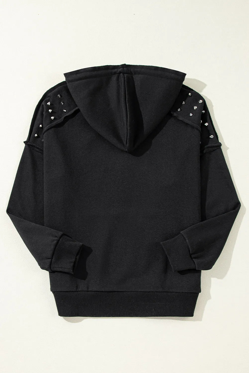 Black Solid Color Rivet Stud Raglan Sleeve Hoodie with Pocket - Chic Meadow Boutique 