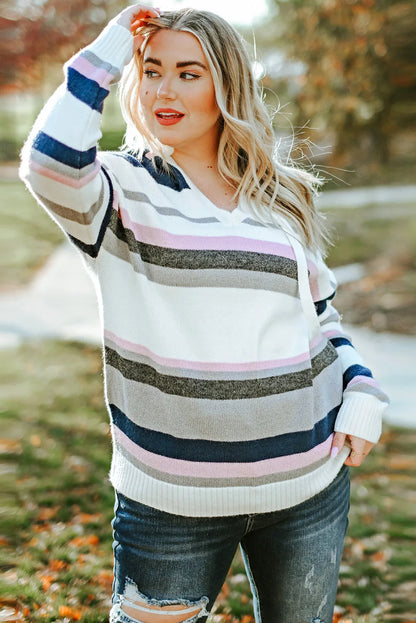 Stripe Plus Size Striped Hooded Knit Sweater - Chic Meadow Boutique 