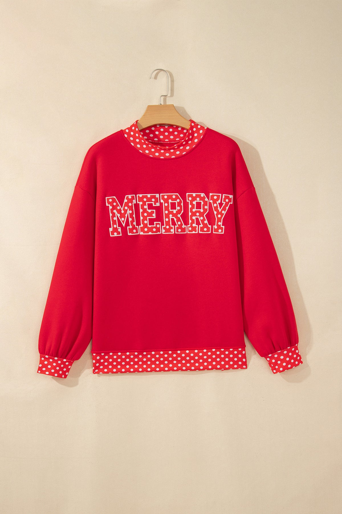 Tomato Red Polka Dot Letter Print Contrast Trim Mock Neck Sweatshirt