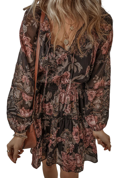 Black Vintage Floral Puff Sleeve V Neck Smock Waist Dress - Chic Meadow Boutique 