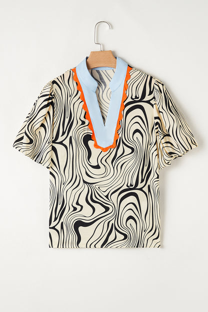 White Zebra Stripe Print Contrast V-Neck Ricrac Detail Short Sleeve Blouse Top