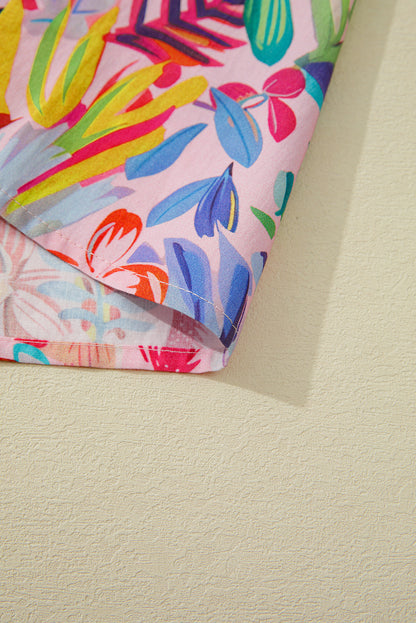 Pink Tropical Floral Print Frilly Notched Neck Ruffled Short Sleeve Blouse