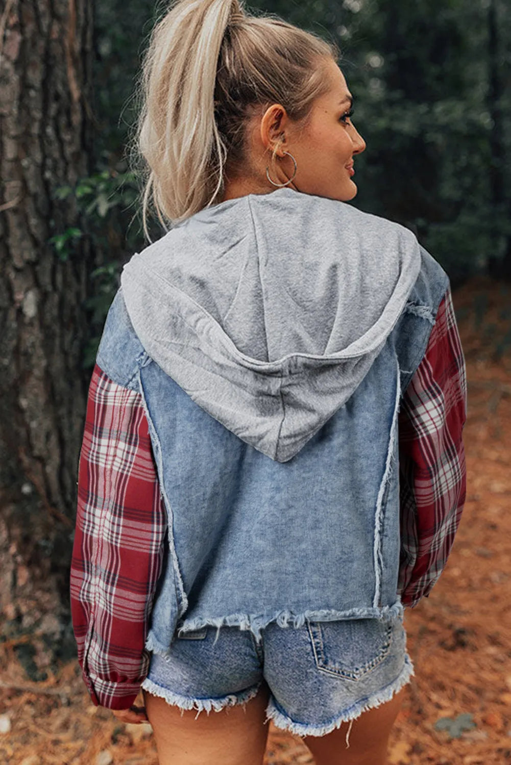 Beau Blue Plaid Print Patchwork Hooded Raw Hem Denim Jacket - Chic Meadow Boutique 