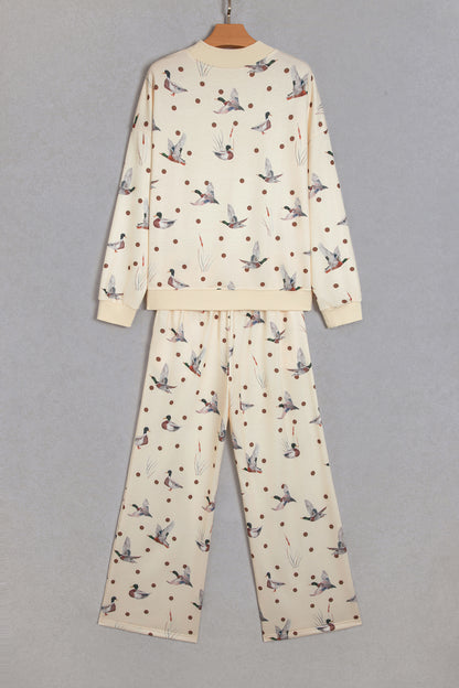 Beige Polka Dot Mallard Print Crewneck Pullover Two Piece Pants Set