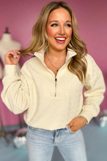 Beige Solid Textured Half Zipper Collared Sweatshirt - Chic Meadow Boutique 