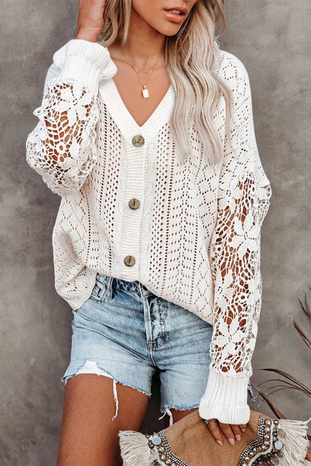 White Lace Crochet Hollow Out Knit Buttoned Sweater - Chic Meadow Boutique 