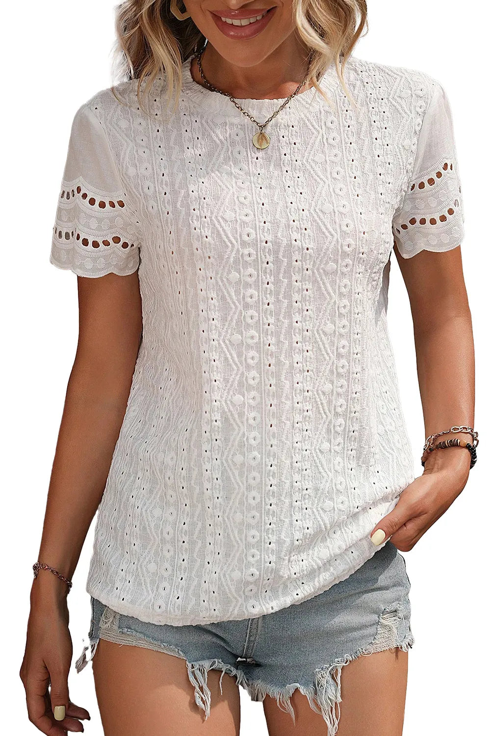 White Eyelet Embroidery Scalloped Short Sleeve Top - Chic Meadow Boutique 