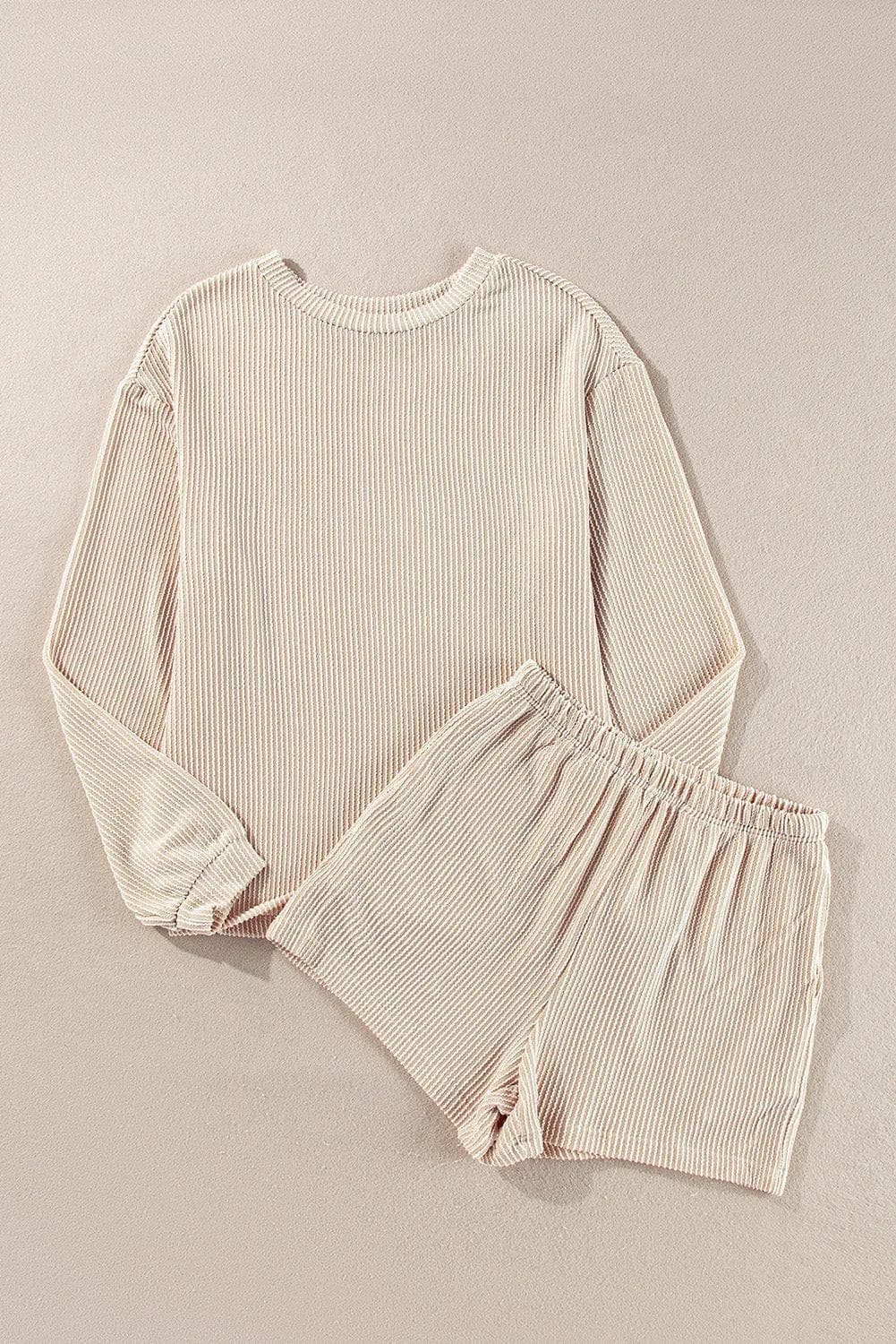 Two Piece Sets/Short Sets Parchment Corded Knit Long Sleeve Top and High Waist Shorts Set