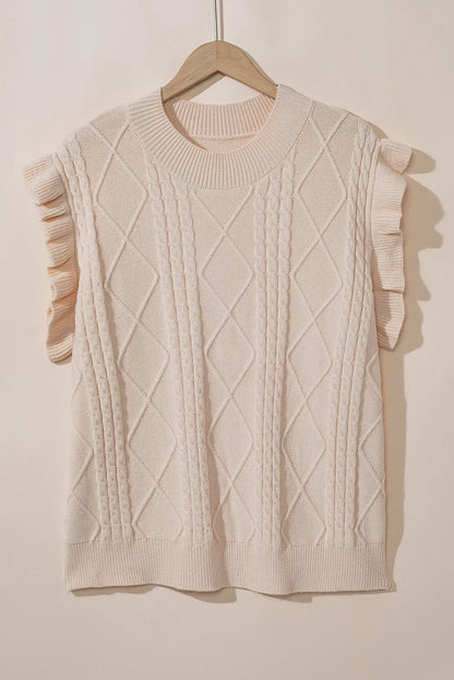 Oatmeal Plus Cable Knit Short Ruffled Sleeve Mock Neck Sweater - Chic Meadow Boutique 