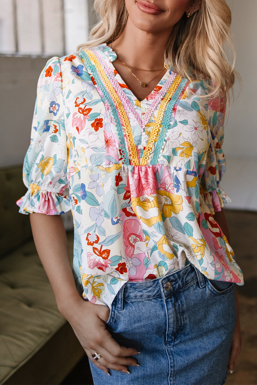 Pink Boho Flower Print Half Puff Sleeve Blouse
