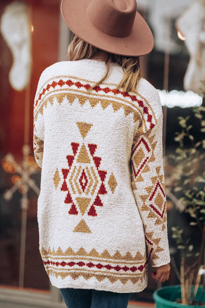 White Aztec Pattern Open Knitted Cardigan - Chic Meadow Boutique 