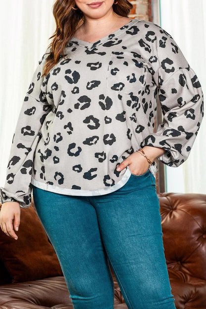 Plus Size/Plus Size Tops/Plus Size Long Sleeve Tops Gray Printed Leopard Balloon Sleeve Thermal Knit Plus Size Top