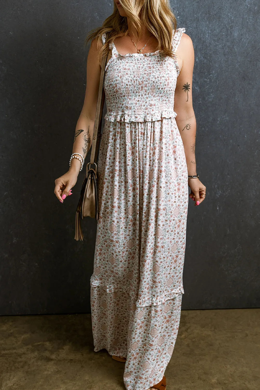 White Lace Frilly Straps Shirred Floral Maxi Dress - Chic Meadow Boutique 