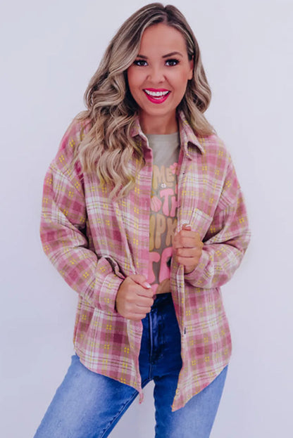 Pink Plaid Print Chest Pocket Long Sleeve Shacket - Chic Meadow Boutique 