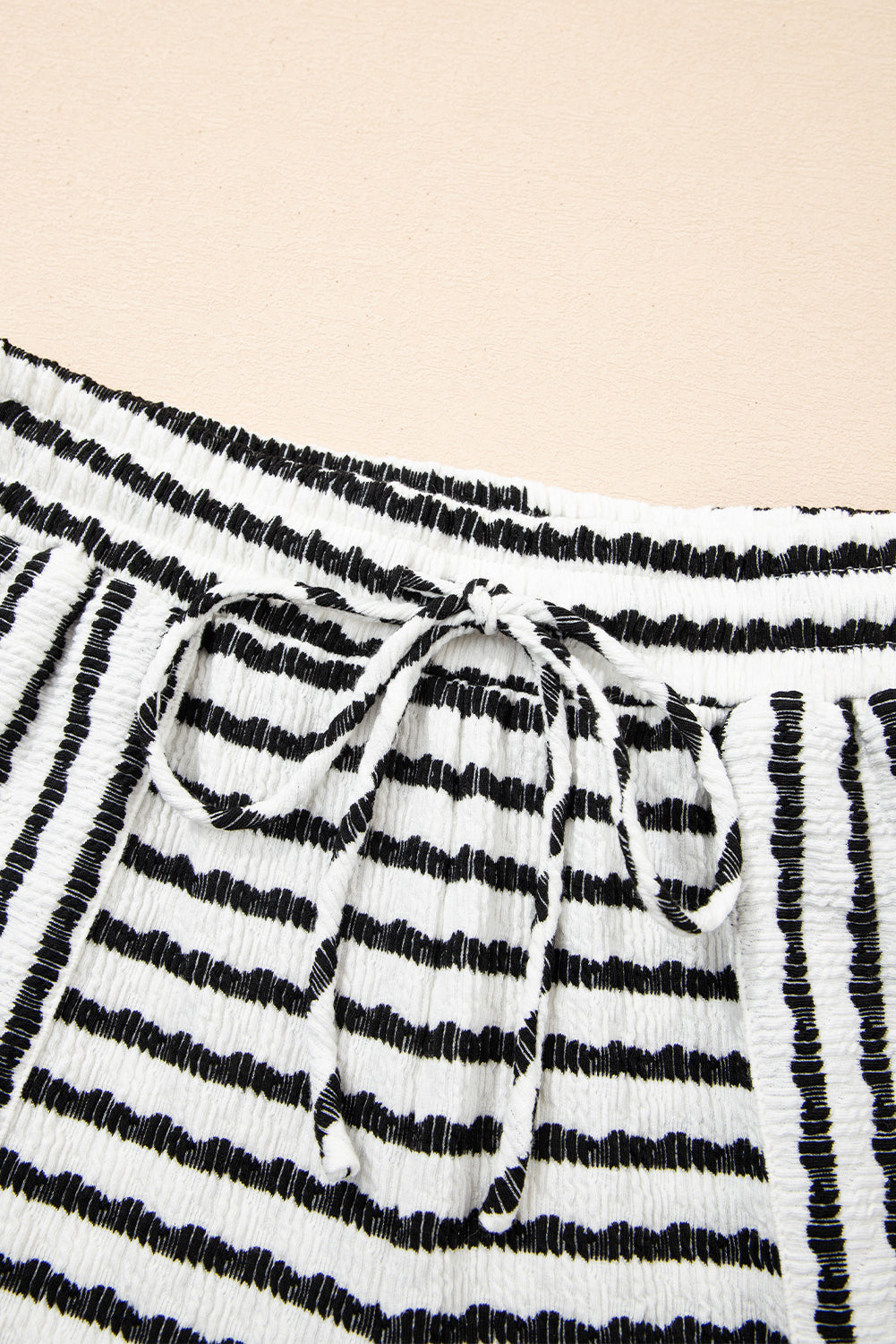 Black Stripe Knitted Short Sleeve Top and Drawstring Shorts Set