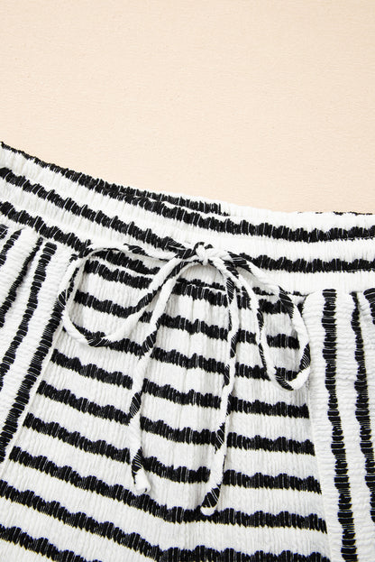 Black Stripe Knitted Short Sleeve Top and Drawstring Shorts Set