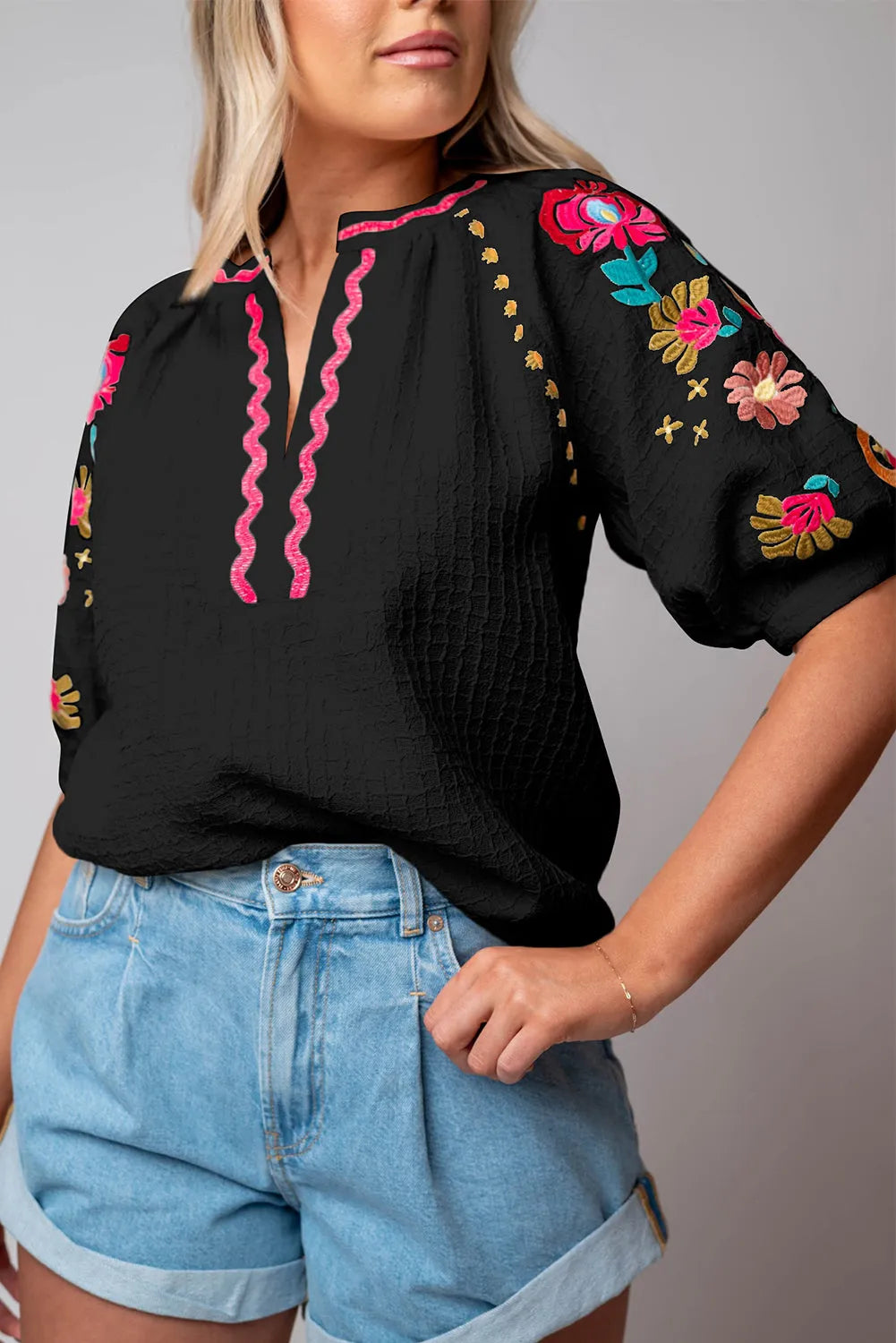 Black Floral Embroidered Ricrac Puff Sleeve Textured Blouse - Chic Meadow Boutique 