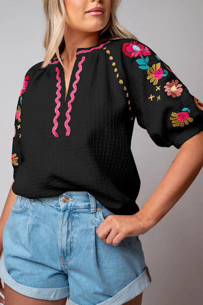 Black Floral Embroidered Ricrac Puff Sleeve Textured Blouse - Chic Meadow Boutique 