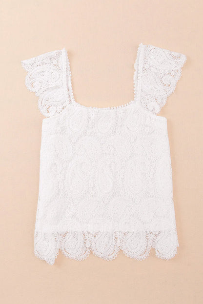 White Lace Crochet Ruffled Square Neck Tank Top - Chic Meadow Boutique 