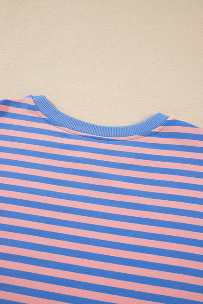 Blue Stripe Long Sleeve Relaxed Pullover Drawstring Mini Skort 2pcs Set