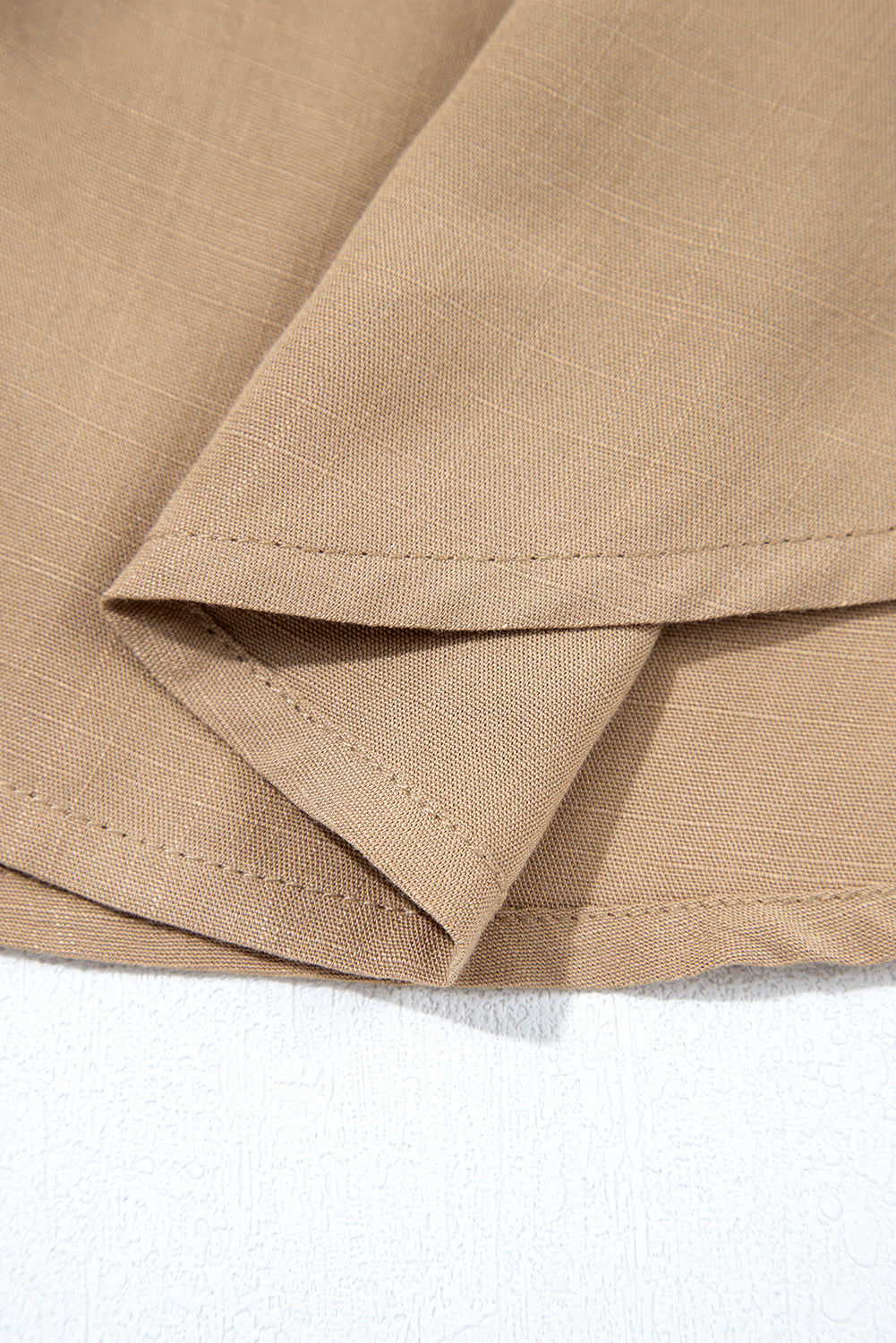 Light French Beige Waffle Patchwork Button Up Frayed Hem Shirt